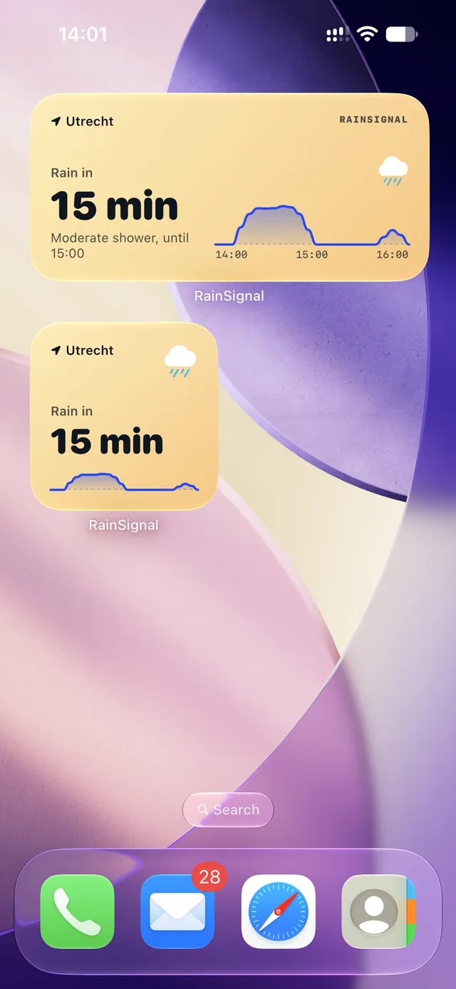 Widgets på hjemmeskærmen: regn om 15 minutter