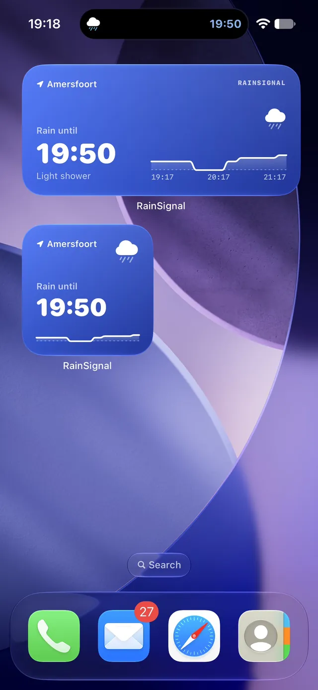 Blå widgets: regn til 19:50
