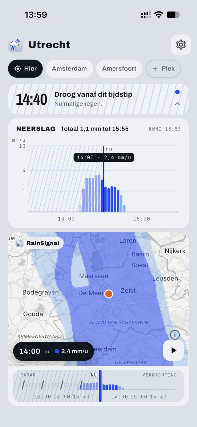 De app: droog vanaf 14:40, met een neerslaggrafiek en de radarkaart