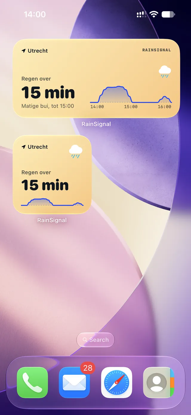 Widgets op het beginscherm: regen over 15 minuten